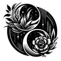 Black and white yinyang with botanical elements, a rose, celestial crescent moons, and minimalist starry sky background. vector