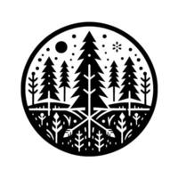 Black and white circular forest illustration with stylized pine trees, a sunmoon, snowflake, and winter plants, creating a serene minimalist . vector