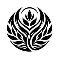 Symmetrical black and white botanical forming a circular pattern with stylized leaves, creating a visually balanced and artistic emblem on a white background. vector
