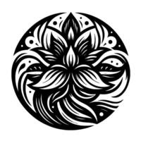 Intricate Black and White Floral Mandala with Organic Lines, Dots and a Centered Flower, Set Within a Circular Border. vector