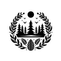 Circular black and white nature emblem features a forest scene with trees, a moon, birds, and a decorative leafy border. vector
