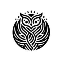 Intricate Black and White Owl Geometric Lines, Minimalist Style, Concentric Composition, Tribal Influence on White Background. vector