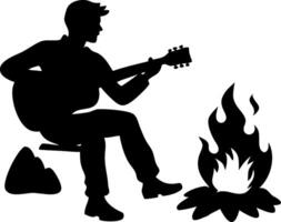 Silhouette of a Man Playing Guitar by a Campfire Creating a Relaxing Outdoor Atmosphere vector