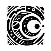 Geometric Monochrome Cosmic with Celestial Bodies and Abstract Shapes Forming a Circular Composition. vector