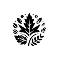 Elegant Black and White Illustration of a CircleShaped Composition Featuring a Maple Leaf, Other Foliage, and Snowflake Elements. vector