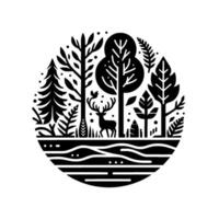Stylized black and white nature scene, a deer amongst trees and foliage within a circular . vector