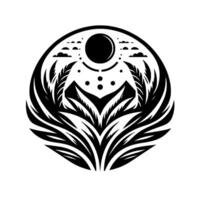 Abstract black and white symmetrical celestial body over mountain range surrounded by stylized vegetation within a circle. vector