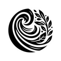 Black White Circular Emblem Swirling Waves Merged with a Branch of Leaves, Creating a Harmonious Natural . vector