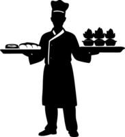 Chef Holding Sushi and Lotus Desserts on Trays Perfect for Restaurant Menus or Cooking Classes vector