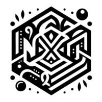 Geometric Hexagon Composition Intricate Black and White with Curvilinear Elements, Ornamental Motifs, and DotLeaf Accents. vector