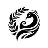Serene Black and White of a stylized Swan embraced by an Olive Branch within a Circular Frame symbolizing harmony. vector