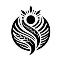 Black White Symbolic Emblem Sun with leaflike elements, representing growth, harmony, and natural energy, within a circle. vector