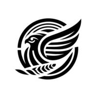 A bold, symmetrical emblem featuring a stylized falcon encircled in a ring, with a wheat stalk and the birds wing. vector