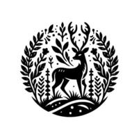 A Stylized Black Silhouette of a Majestic Deer within a Circular Frame of Foliage, Depicting Wilderness and Natural Elements. vector