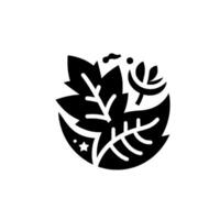Stylized Black and White Botanical Leaf and Floral Elements Within Circular Arrangement, Emphasizing Minimalism. vector