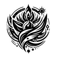 Stylized black and white emblem depicting a phoenixlike creature encircled by a celestial array of sun and cosmic elements. vector