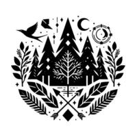 Stylized Black and White Forest Scene with Bird, Moon, Compass, and Arrows within a Circular vector