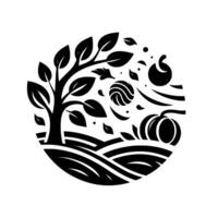 A stylized black and white illustration featuring a tree with leaves, pumpkin, and a ball, within a circular frame, suggestive of a harvest scene. vector