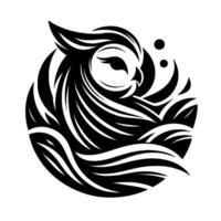 Stylized Black and White Owl in Circular Composition with WaveLike Feathers and Dots, Modern Minimalist . vector