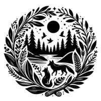 Circular Black and White Illustration Two Foxes in Forest with Lake, Pines, Birds, and Botanical Frame vector