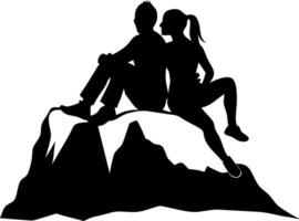 Couple Sitting on Mountain Peak Silhouette Adventure Lovers Outdoor Recreation Illustration vector