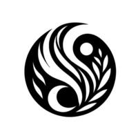 Yin Yang Symbol with Flowing Lines and a Botanical Accent in Black and White, Representing Harmony and Balance. vector