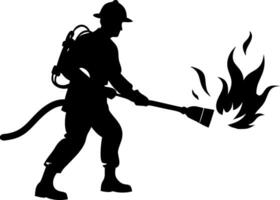 Brave Firefighter Silhouette Extinguishing Flames with Fire Hose for Emergency Response Graphics vector