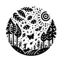 Black White stylized nature scene within a circle, featuring trees, a person, butterfly, leaves, sun, and a field. vector
