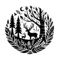 Silhouetted Deer and Forest Scene in Circular Frame with Trees, Moon, Leaves, and Simplified Nature Illustration. vector