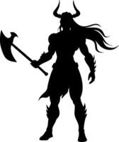 Powerful Warrior Silhouette with Axe and Horns Suitable for Tattoo and Graphic Design vector