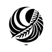 Abstract black and white featuring stylized leaf and crescent, within a circle, minimalist aesthetic. vector