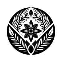 Intricate Black and White Floral Mandala, with symmetrical leaf designs, centered by a flower and encased in a circular frame against a white background. vector
