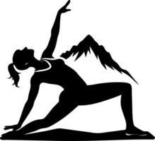 Silhouette of a Woman Practicing Yoga in a Warrior Pose with Mountain Elements for Wellness Design vector