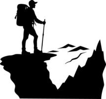 Adventurous Hiker Standing on Mountain Peak with Scenic Landscape for Outdoor Enthusiasts vector