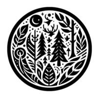 Stylized Black and White Circular Nature Featuring Forest Elements, Moon, and Deer Antlers. vector