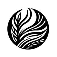 Abstract black and white circular featuring stylized leaves and layered lines, creating a modern minimalist aesthetic. vector