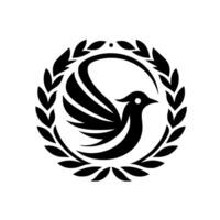Monochromatic Emblem of a stylized dove within a laurel wreath, symbolizing peace and resilience against a crisp white backdrop. vector