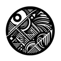 Intricate black and white abstract geometric within a circular frame, featuring lines, curves, and shapes in a modern artistic style. vector