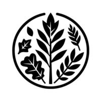 A minimalist black and white circular featuring assorted stylized leaves, showcasing natural elements in a clean, modern aesthetic. vector