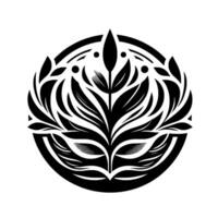 Intricate monochrome botanical emblem, symmetrical leaf in a circle, evoking natures elegance. vector