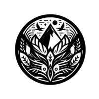 Intricate Circular Black and White Nature Illustration Featuring Mountain, Birds, Flora, and Celestial Elements in a Symbolic . vector