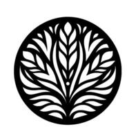 Intricate black and white circular floral emblem with stylized leaf and petal elements, symmetrical and elegant. vector