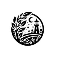 Black and White Silhouette of Lighthouse, Moon, Stars, and Foliage Enclosed in a Circular Frame, Evoking Serenity. vector