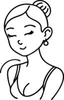 Charming Minimalist Line Drawing of a Smiling Woman with Elegant Bun Hairstyle vector
