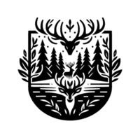 Stylized Black and White Deer and Forest Emblem, Featuring Antlered Deer Heads, Evergreens, and Nature Elements in a Shield Shape. vector