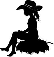 Silhouette of a Young Girl Sitting on Hay Bale Wearing a Cowboy Hat Ideal for Rustic Themes vector