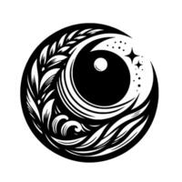 Elegant Yin Yang Celestial A black and white circular artwork showcasing the moon and stars, adorned with floral and wave motifs, symbolizing balance. vector