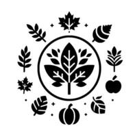Minimalist Circular Autumn Illustration with Central Leaf Motif, Surrounded by Fall Elements in Black on White. vector