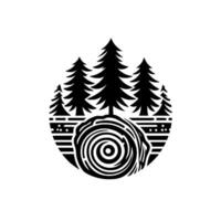 Monochromatic circular depicting stylized evergreen trees behind a crosssection of a tree trunk, evoking a sense of nature and simplicity. vector
