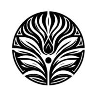 Intricate Floral Emblem A Symmetrical, Black and White with Leaflike Patterns and Geometric Details in a Circular Composition. vector